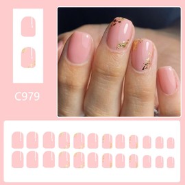 Pink Press on Nails Short Square Fake Nails with Gold Foil Design Glue on Nails Cute Stick on Nails Glossy Artificial Nails Full Cover Acrylic Nails Reusable False Nails Kit for Women Girl 24Pcs