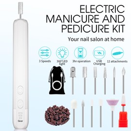 Electric Nail Drill, Professional Manicure Pedicure Kit, Cordless Electric Nail File Set, Rechargeable Pedicure Tools for feet, 3 Speeds Hand Foot Care Nail Drill for Thick Nail Toenail Cuticle-White