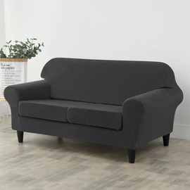 CONRUSER Stretch Sofa Slipcover, Soft Velvet Sofa Covers for 2 Cushion Couch Thick Furniture Protector for Pets & Kids (Black, M)
