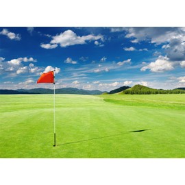 CORFOTO 10x8ft Fabric Golf Course Backdrop Photography Golf Flag Green Mountain Forest Trees Grass Lawn Background Blue Sky Cloud Decorations Golf Sports Party Backdrop Photoshoot Studio Props