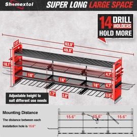 Shomextol 49.8" W Large Power Tool Organizer Wall Mount, Heavy Duty Tool Organizer with 14 cordless Drill Holder, 4 Layers Garage Organization and Storage Rack, Tool Rack for Garage Workshop, Red