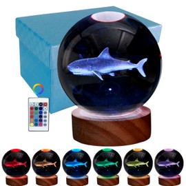 3D Shark Night Light - 3.15 Inch Crystal Ball Lamp With 16 Colors LED Wooden Base, Laser Engraving Holographic Lamp, Gift Box Packing, Birthday Toy Home Decor