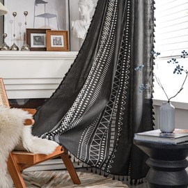 ColorBird Geometric Semi-Blackout Window Curtains 2 Panels Bohemian Cotton Linen Darkening Curtains with Tassels Rod Pocket Window Drapes for Living Room Bedroom (52" W x 63" L, Black)