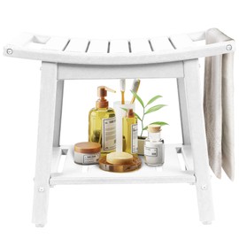 BRIOPAWS Shower-Bench-Seat-Waterproof | White Shower Stool-for-Inside-Shower | HDPE Plastic | Bathroom-Benches w/Storage Shelf & Handles | Shaving Legs | Indoor Outdoor Use | 21.8 x 14 x 18.1 Inch