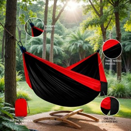 SOOPRNO Camping Hammock. Portable Double and Single Hammock with 2 Tree Straps and Attached Carry Bag. Camping Gear for Outdoor Hiking Camping Beach Backpacking Travel. (Black & Red)