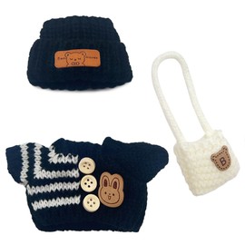Clothes for 17cm LBB Doll Outfits Cute Crochet 3 Piece Set - Hat Clothes Backpack for Plush Dolls Dress Up Unique Stylish (Black Stripes) (No Doll)