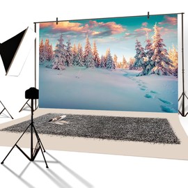 YongFoto 3x2m Backdrop Photography Winter Landscape with Footsteps Snow Covered Firs Christmas Backdrops for Photography Photo Shoots Photo Background Studio Props