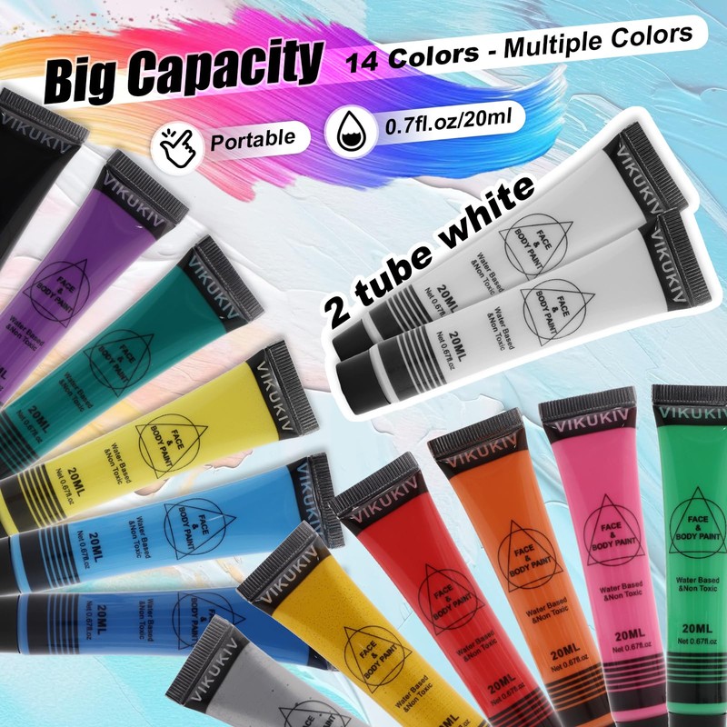 VIKUKIV 14 Colors Face Body Paint Kit Professional Water Based