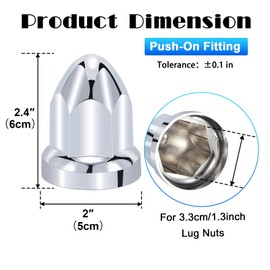 33mm Chrome Lug Nut Covers Push On 2.4", ABS Chrome Plastic Push-on Bullet Flanged Lug Nut Covers for Semi Trucks (20)