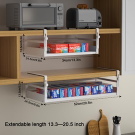 AmonHouseware 2Pack Under Shelf Basket Organizer, Adjustable Under Cabinet Shelf Storage, Hanging Holder Length Stretchable 13-21Inch for Kitchen Pantry Desk Counter Bookshelf Cupboard (White)