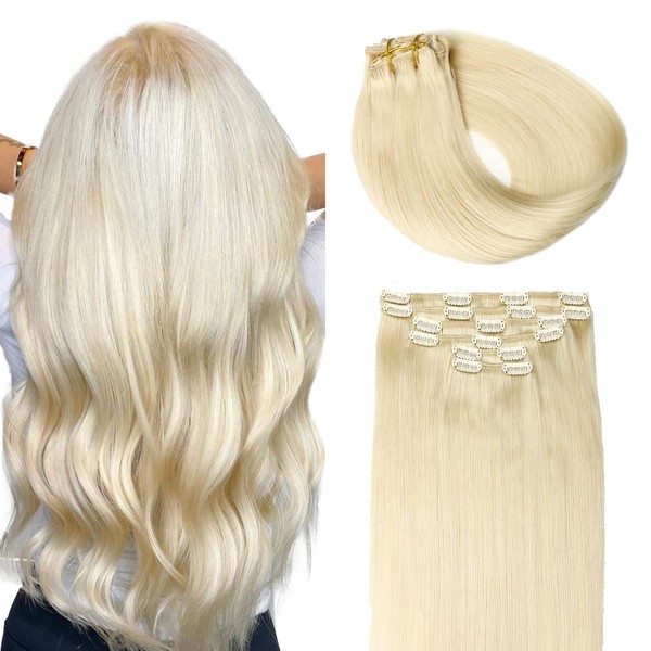 SURNEL Clip-In Real Hair Extensions, 120 g, 6 Pieces, 50 cm, Light Platinum Blonde Real Hair Extensions, Clip-In Remy Clip-In Extensions, Natural Hair Extensions, Real Hair (#60-20 Inches)