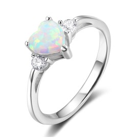ACEFEEL 925 Sterling Silver Heart Shaped White Opal Engagement Promise Band Ring, Silver, Created Opal