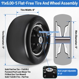 11x6.00-5 Lawn Mower Tires Flat Free,11x6.00-5" Flat Free Tires, with 3/4″ & 5/8″ Bushings, 6″–8″ Centered Hub, Fits Bad Boy, Cub Cadet, Zero Turn Mower, Riding Lawn Mower, 2 Pack