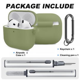 Woyinger for Airpods 4th Case Cover, Come with Cleaner Kit,Soft Skin Silicone Case Cover with Keychain, Front LED Visibl, Full Protective Case，Compatible with AirPods 4th(Army Green)