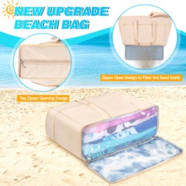 VOBUKE Beach Bag Large Family XXL Swimming Bag Waterproof Swimming Pool Bag with Zip Wet Compartment Mesh Beach Bag Breathable Shopper Foldable Women Men for Summer Beach Holiday Gym 45L, khaki