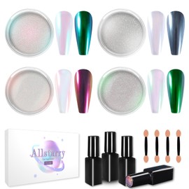 Allstarry Chrome Nail Powder Kit Black White Gel Polish with Top Coat and Base Coat Set, 4 Colors Iridescent Aurora Powder Metallic Mirror Effect Mermaid Pigment Glitter Dust for Nail Art Decoration
