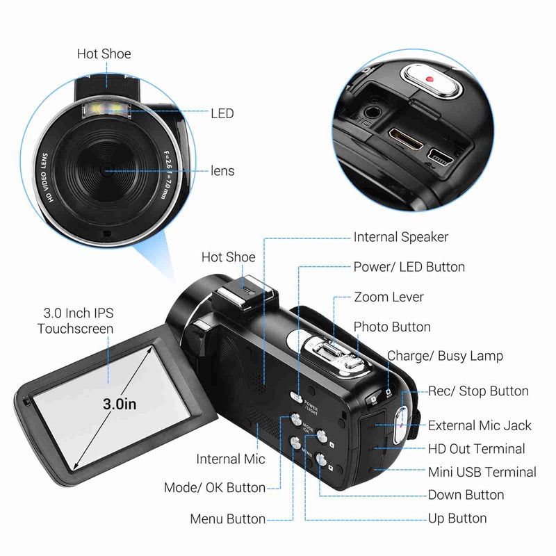 4K Handheld DV Camera 3.0 Inch IPS Touch Screen Anti