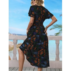Women's Boho Summer Wrap Maxi Dress Casual Floral V Neck Ruffle Short Sleeve Beach Long Dresses S Black