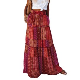 Oyamiki Long Skirts for Women Boho A-Line Ruffle Pleated Maxi Skirt for Summer Beach Casual Printed Red S