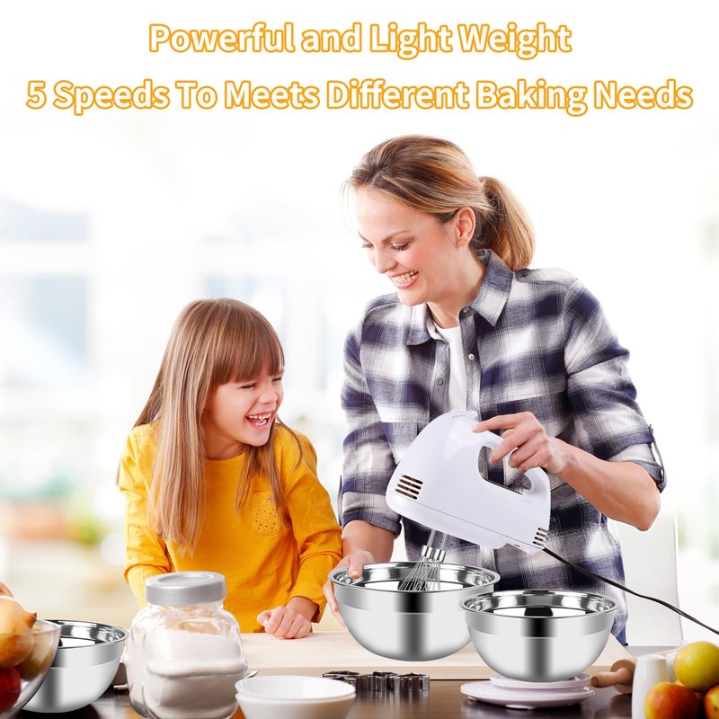 WEPSEN Hand Mixer Electric Mixing Bowls Set, 5 Speeds Handheld