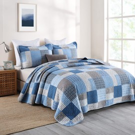 PANGUSHAN King Size Quilt Set,100% Cotton King Quilt Bedding Set Bedspread,Patchwork Plaid Quilt Bedspreads for King Bed,Navy Blue/Blue Reversible Lightweight Comforter Bed Set,All Season,3 Pieces