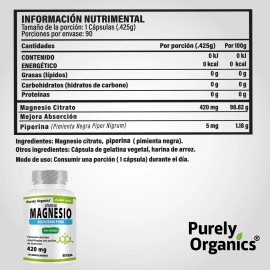 Magnesio Citrato, 90 Cápsulas. Purely Organics. Sabor Sin sabor