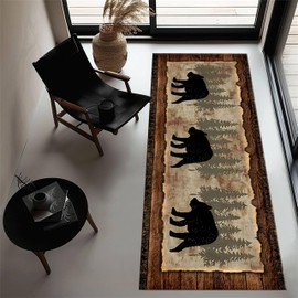 Srocvi Rustic Bear Runner Rug Vintage Cabin Themed Long Rug with Printed Southwest Wildlife Brown Bear and Trees Brown Country Barn Wooden Deco Carpets for Hallway Porch Entrance Bedside, 2x7ft