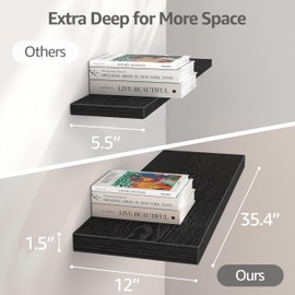 QEEIG 12" Deep Floating Shelves for Wall - 12 x 36 inch Book Shelf Bathroom Bedroom Kitchen Living Room Hanging Bookshelf Farmhouse Set of 3, Black (026-90B3)