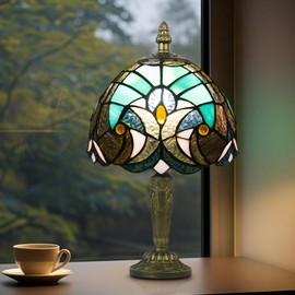 Crefotu Small Tiffany Style Table Lamp, 3 Color Temperatures Bedside Lamp, 8 Inch Stained Glass Desk Light for Home Office Bedroom Living Room (Blue Baroque)