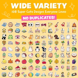 Cute Stickers for Kids - Water Bottle Stickers - 108pc Sticker Pack - Waterproof Vinyl Stickers for Water Bottles, Scrapbook Stickers, Etc - Kawaii Stickers for Teens, Kids, Adults