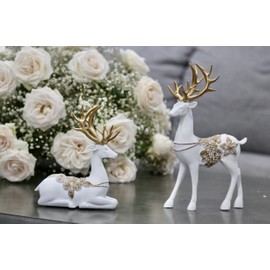 2 Pieces Elegant Christmas Reindeer Resin Statues for Home Decoration Sitting and Standing Elegant Luxury Deers 12" Tall Deers Decoration (White)