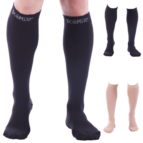 Doc Miller Calcetines de compresión para mujeres y hombres, 20-30 mmHg, calcetines de compresión para hombres para venas varicosas y circulación mejorada, 1 par de calcetines de compresión graduados negros de tamaño XXL