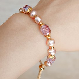 Jemjosh dainty simulated rose-gold pearl and artificial purple crystal bracelet golden adjustable chain Baroque pearl lucky bracelets jewelry gifts for women