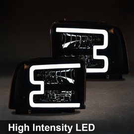 LED Headlights Assembly Compatible with Ford F250 F350 F450 F550 Super Duty 2005-2007, Fit Ford Excursion 2005, Front Headlamp Smoky Lens Black Housing,(Not Fit Sealed Beam Headlight model)