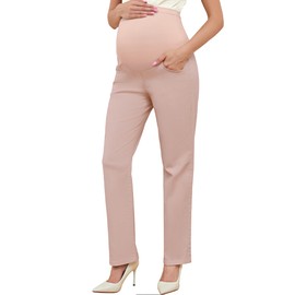 PACBREEZE Women's Maternity Pants for Work Over-Bump Pregnancy Casual Stretchy Straight Dress Pants with Pockets(Dusty Pink, Medium)