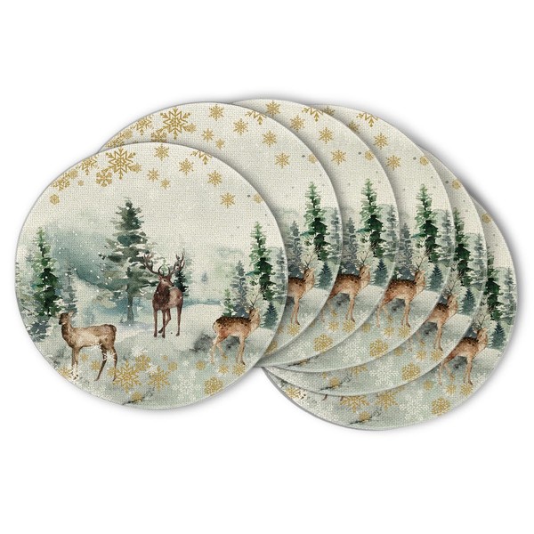 Artoid Mode Watercolour Reindeer Tree Christmas Round Placemats Set of
