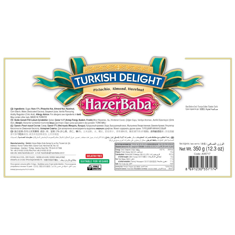 Hazer Baba Turkish Delight Candy Mixed, Gourmet Snacks Box Gift,