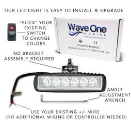 Wave One Marine Dual Color LED Boat Spreader Light Deck Flood Beam Stainless Hardware & Bracket IP68 Waterproof Multicolor Bright High Lumen Output (Black Housing, White & Blue)