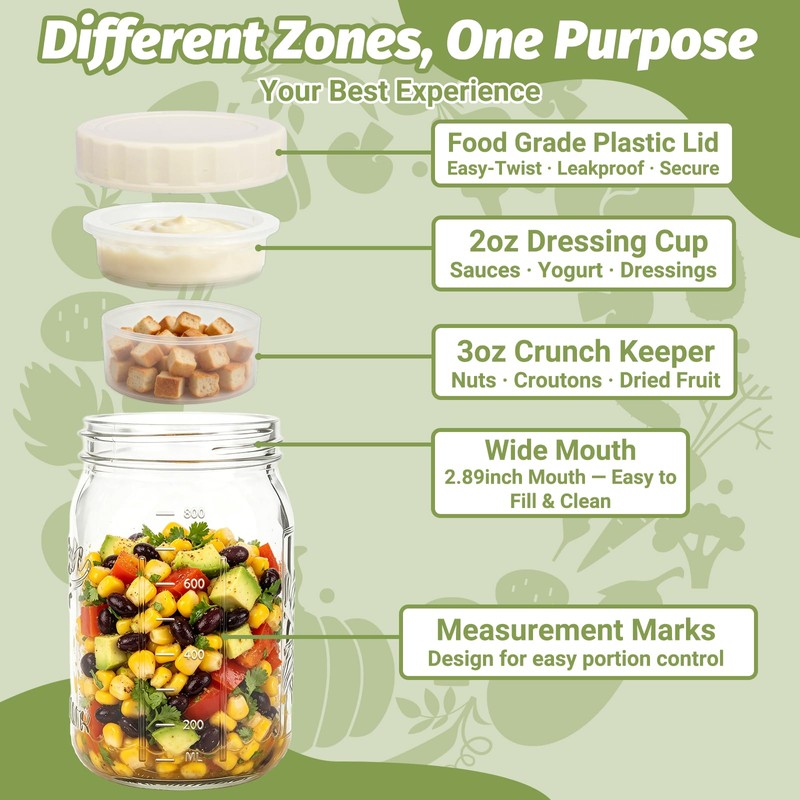 32oz Wide-Mouth Glass Salad Jars 2-Pack with Ivory Plastic Lids