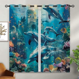 XINBADU Ocean Blackout Curtains for Girls Boy Home Decor, Dolphin Ocean Underwater World Castle Grommet Thermal Insulated Drapes Darkening Window Curtain for Bedroom Living Room, 55 x 63 Inch