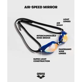 ARENA Unisex Adult Air-Speed Anti-Fog Racing Swim Goggles for Men and Women Fogless Mirror Lens Unique Air Seals Technology Lap Swimming Pool Goggles, Silver/Navy/Water