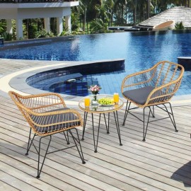 COSTWAY 3PCS Patio Outdoor Furniture Rattan Wicker Set w/Cushions & Tempered Glass Table