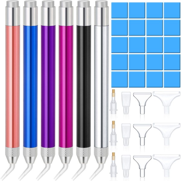 Pack of 6 LED Diamond Painting Drill Pen Point Drill Pen with Light 5D Diamond Painting Tool 15 Pieces Replacement Pen Heads 20 Pieces Painting Glue Clay for Nail Art DIY Craft Decoration