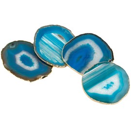 mookaitedecor Set of 2 Blue Crystal Agate Slice Coasters for Drinks, Gold Edged Coasters Semi Precious Stone Geode Coaster Quartz Cup Mats, 3.1-3.9 Inch