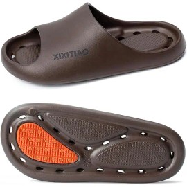 XIXITIAO Shower Shoes for Women Men Non-Slip Pool Slides Lightweight EVA Shower Slippers with Drain Holes for College DormColor: Brown, EUR Size: 4445