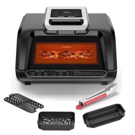 Indoor Grill Air Fryer Combo with See-Through Window, 7-in-1 Smokeless Electric Air Grill up to 450°F, 1750W Contact Grill with Non-Stick Removable Plates, Even Heat, Silicon Tongs as Gift, 4Qt