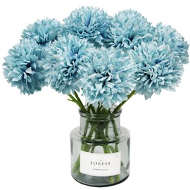 Tinsow 12 Pcs Artificial Flowers Faux Ball Chrysanthemum Bouquet Silk Light Blue Flowers Bridal Wedding Bouquet for Home Easter Party Wedding Decoration (Light Blue, 12)