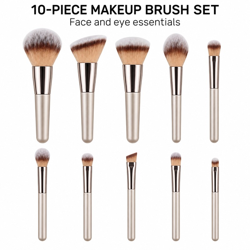 10-Piece Champagne Gold Makeup Brush Set with Soft Bristles for