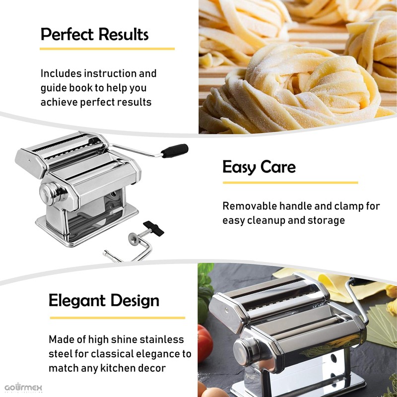 GOURMEX Pasta Maker Machine Stainless Steel Manual | With Adjustable
