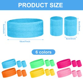 SINGOMON 18PCS 80s Sweat Bands for Women Neon Dress Sweatbands and Wrist Bands Kit Sports Headband Wristbands Set 6 Colors Fancy 80s Costume Accessories for 80s Party Decorations 90s Party Decorations